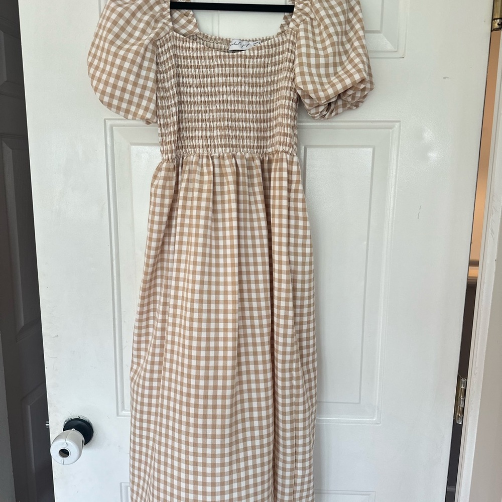Petal & Pup Tan and White Smocked Midi Dress